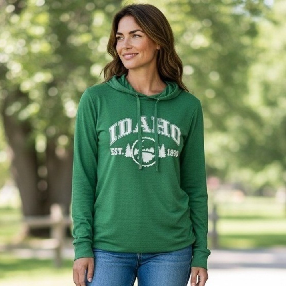 Idaho Graphic Hoodie Green Lightweight Cinched Hem Long Sleeve Women's XL Cinch